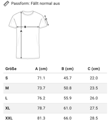 CVJM Traunreut T-Shirt 2023 Männer Größentabelle